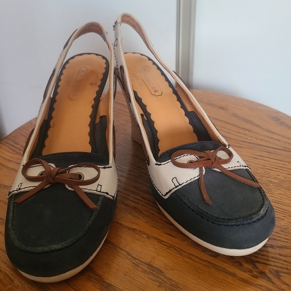 Coach Athena Slingback Wedges, Navy and White, size 6.5 - Picture 1 of 6